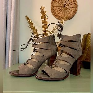 Cool Toned Grey Block Heel Lace Up Sandals